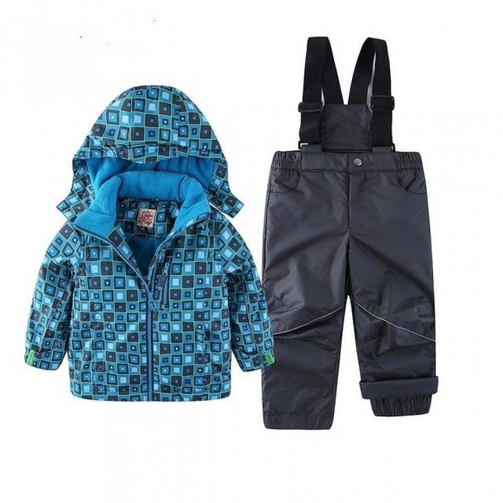 Winter snow suit ski blue square outwear kids Boy girl Jacket pants with suspenders snow Overalls snowproof windproof 3-6 years old